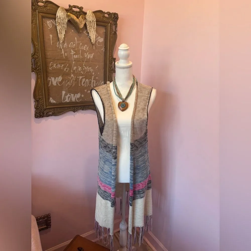 Anthropologie Umgee Cream, Blue & Pink Striped Open Front Fringe Vest